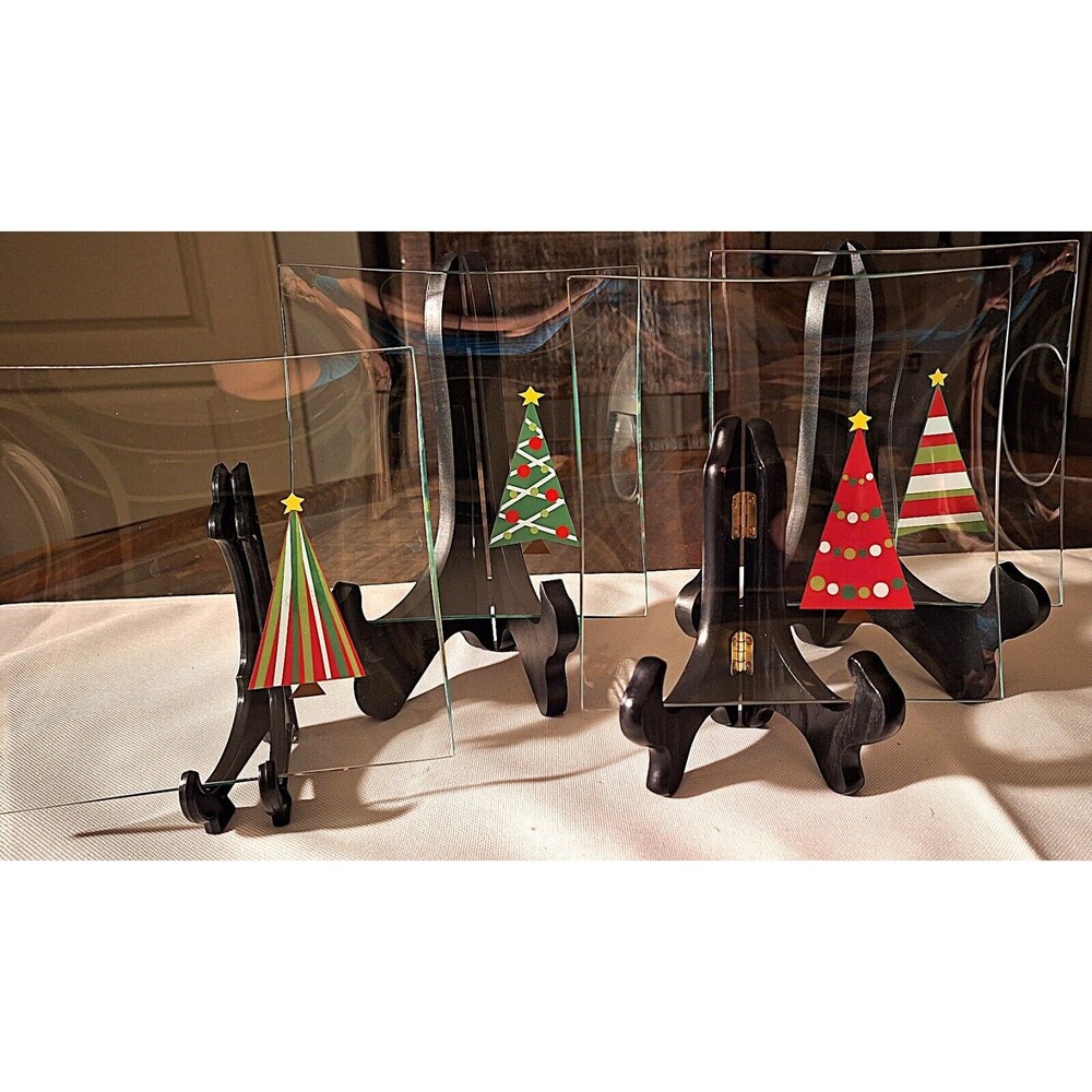 Pampered Chef Lot of 4 Christmas Tree Appetizer Square Glass Plates 6" (read)